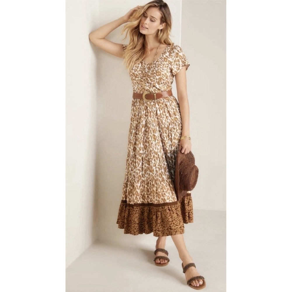 Soft Surroundings Leopard Maxi Dress Womens Sz S Mocha Brown Scoop Neck NWT - Picture 1 of 6